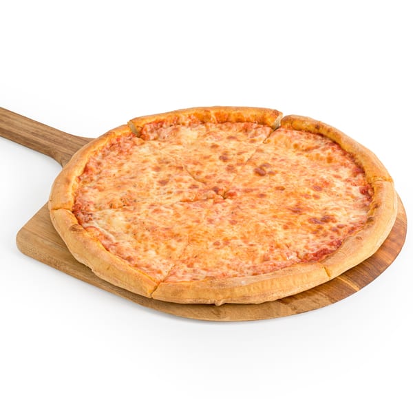 A whole Alba's Pizzeria cheese pizza, sliced and served on a wooden pizza peel.
