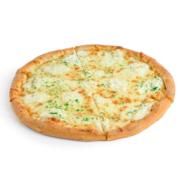 Alba's Pizzeria & Restaurant's white pizza, topped with mozzarella, ricotta, and parsley, sliced.